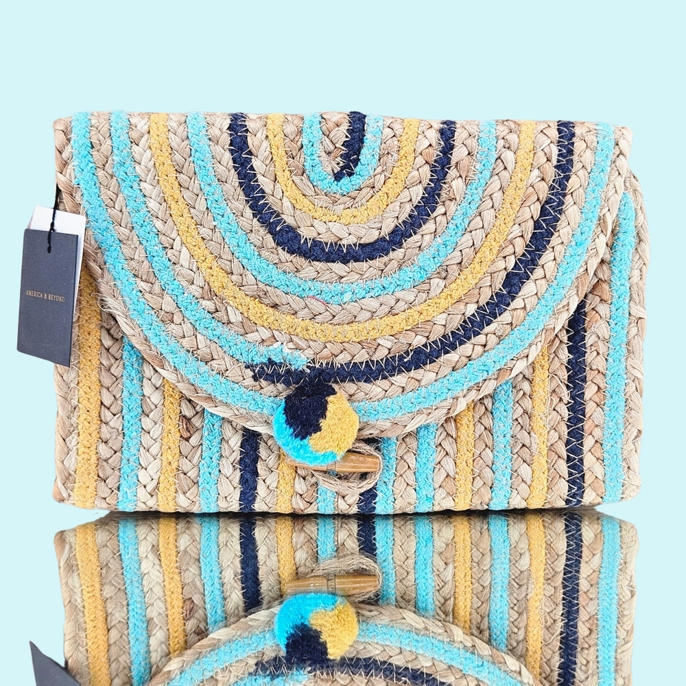 America & Beyond Purse Clutch Multicolor Sunset Striped Woven Jute Bohemian